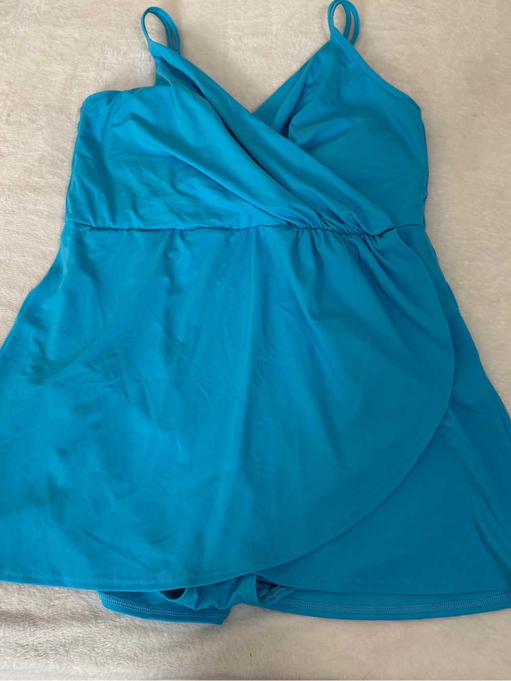 Lands End Womens L 14-16 Turquoise Blue Swimdress One Piece Swimsuit Wrap Skirt